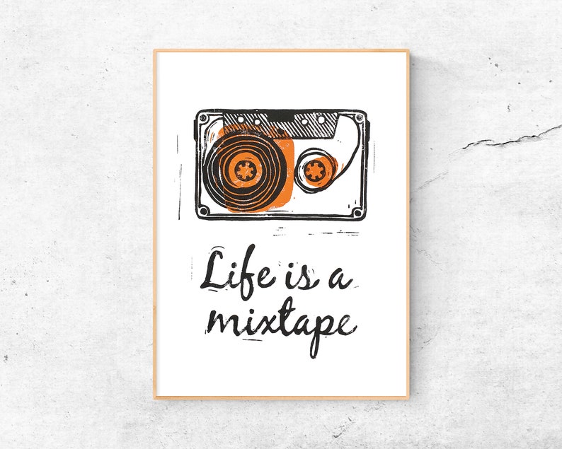 A4 Print Kassette Life is a mixtape Kunstdruck Linolschnitt Bild 1