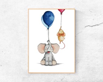 A4 Print | Elefant mit Luftballon | Kunstdruck Aquarell | Kinderzimmer