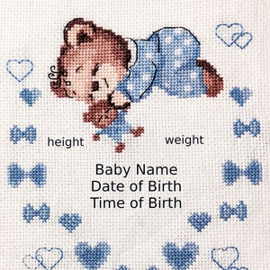 Baby Geborenes Kind metrisch fertig fertige handgemachte Kreuzstich Stickerei Bild Junge Geburtsanzeige Custom Geschenk