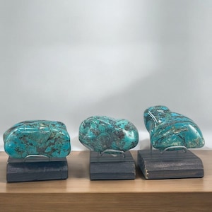 Natural Hubei Turquoise, Large Polished Rough Nugget Rock, Wood Stand Included, (1pc) display rocks gems blue turquoise, Holiday Gifts