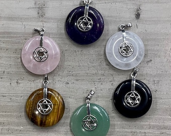 Donut with Hexagram Pendant 30mm (1pc) Onyx, Amethyst, Yellow Tiger Eye, Rose Quartz, Crystal Quartz, Green Aventurine