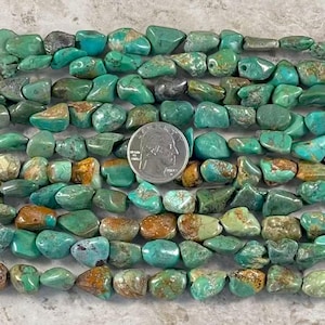May include: A strand of turquoise gemstone beads, with a variety of shapes and sizes. The beads are a mix of green and brown colors, with some having a more mottled appearance. The beads are approximately 1/2 inch in size.