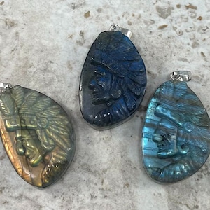 Labradorite, Aztec Warrior Face Carved Pendant, 25x40mm (1pc) Aztec/Mayan ancient history tribes