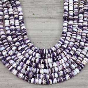May include: A strand of purple and white shell beads. The beads are round and have a smooth, polished finish.