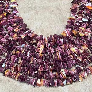 May include: Close-up of a necklace made of purple, white, and orange spiny oyster shell chips. The chips are irregularly shaped and strung together, creating a textured and colorful accessory. The necklace is displayed on a neutral surface.