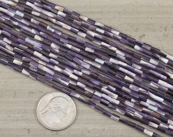 May include: A strand of purple and white shell beads, each bead is a rectangular tube shape. The beads are laid out on a gray surface next to a US quarter for scale.