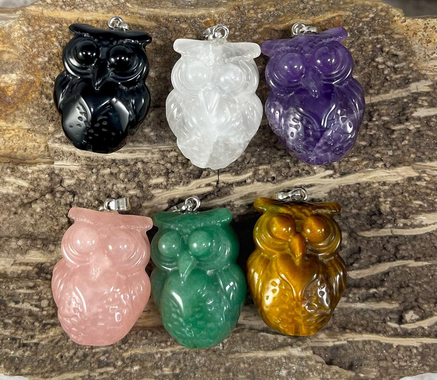 Owl, Carved Gemstone Pendants, 23x30mm , Amethyst, Onyx, Crystal Quartz, Green Aventurine, Rose Quar