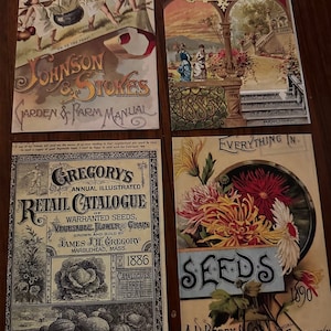 Lot de 12 cartes postales vintage - couvertures de catalogue de semences, assortiment. [4 motifs vintage, 3 cartes postales chacun, à envoyer par la poste ou à exposer, lot de 2]