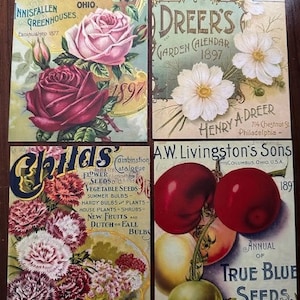 Lot de 12 cartes postales vintage - couvertures de catalogue de semences, assortiment. [4 motifs vintage, 3 cartes postales chacun, à envoyer par la poste ou à présenter, lot 1]