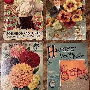 Lot de 12 cartes postales vintage - couvertures de catalogue de semences, assortiment. [4 motifs vintage, 3 cartes postales chacun, à envoyer par la poste ou à exposer, lot de 5]
