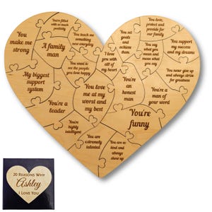 Personalized Valentines Day Gift Reasons I Love You Heart Puzzle: Engraved Maple Wood Gift