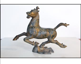 Vintage Flying Horse of Gansu Sculpture - 12" Long, Made of Solid Iron - Otagiri Mercantile Company OMC Japan
