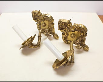 Antique Brass Wall Sconce Pair Vintage Electric Lighting Fixtures Halcolite Co Inc