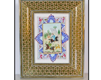 Persian Miniature Painting Of Hunting Scene Khatam Kari Inlaid Marquetry Frame 8X10