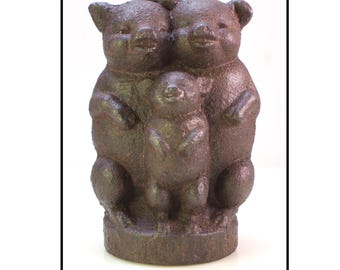 Vintage Three Little Pigs Cast Iron Still Bank - Early 1900s Penny Bank