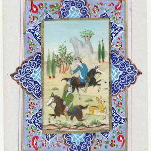May include: An antique miniature painting depicting a hunting scene with two riders on horseback and a deer. The artwork is framed with ornate blue and red floral patterns and a gold border. The background features a light blue sky and rolling hills.