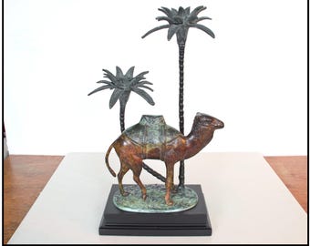 Vintage Camel & Palms Candle Holder - Mid-Century Oasis Sculpture - 16 1/2" Tall
