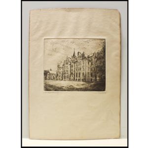 May include: An antique etching of a large, detailed building with multiple stories, towers, and arched windows. The artwork is in black and white, set against a cream-colored paper background. The print is framed within a rectangular border.