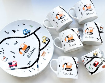 Personalized Excavator Plate and Mug / Toddler Kids Birthday Gift For Boys / Construction Trucks Kids Dinnerware /Trucks Plate For Toddlers