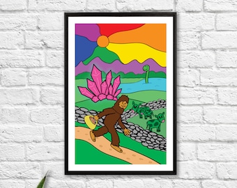 Psychedelic Countryside Poster / Surreal Bigfoot Poster / Weird Art Print