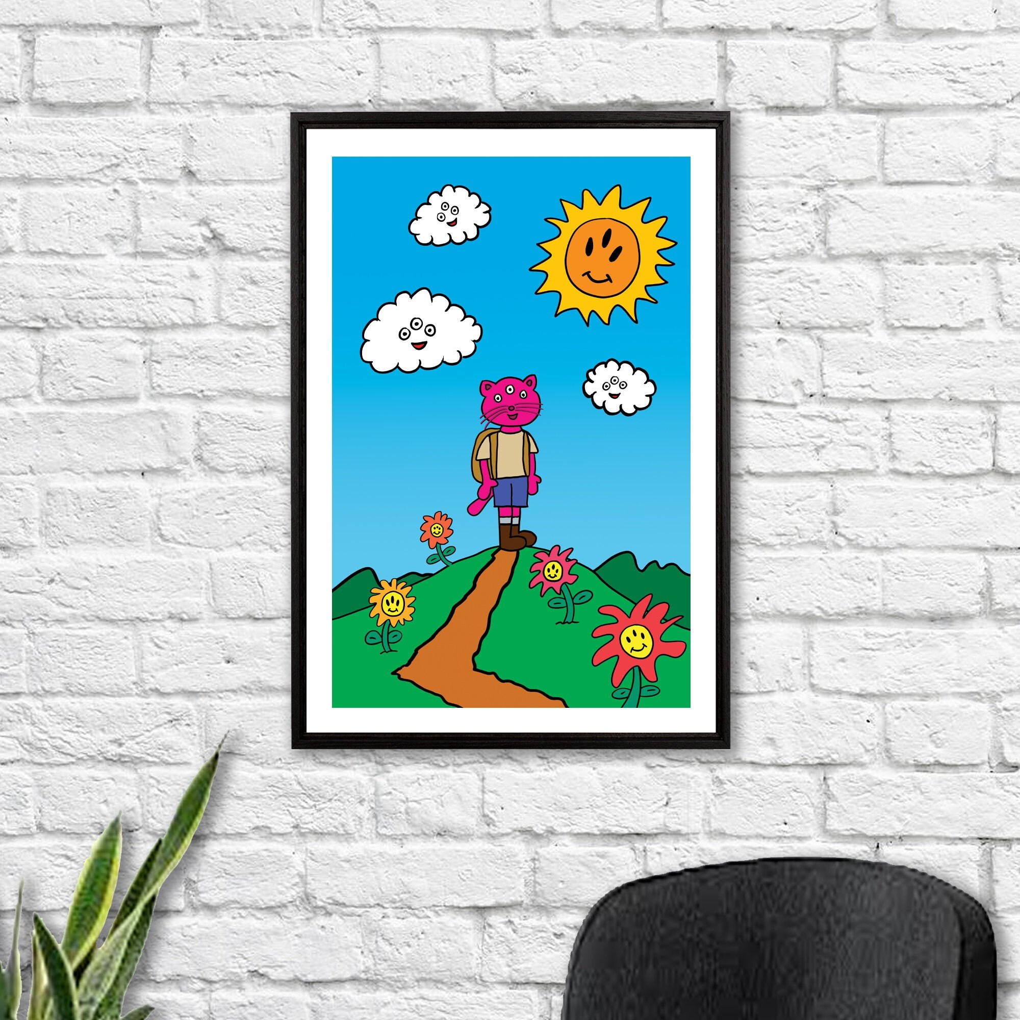 Third Eye Cat Hiker/Affiche d'art Surréaliste Impression Étrange