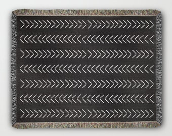 Black Boho Throw Blanket | Scandinavian Woven Blanket | Mudcloth Blanket