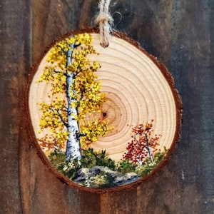 Hand Painted | Rustic Colorado Yellow Aspen Tree Christmas Ornament | Personalized Wood Slice Ornament | Gift | Hanging Home Décor