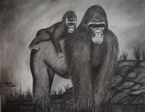 Gorille Et Le Bébé Dessin Au Crayon Sur Toile