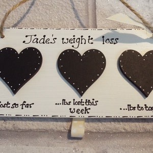 May include: White wooden sign with three black hearts, each with white polka dots. The sign reads "Jade's weight loss... lbs lost so far... lbs lost this week... lbs to target".