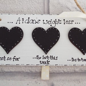 May include: White wooden sign with three black hearts, each with white dots. The sign says "...Aidan's weight loss..." and has the text "...lbs lost so far", "...lbs lost this week", and "...lbs to target" under each heart.