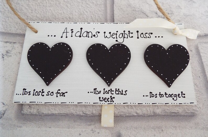 May include: White wooden sign with three black hearts, each with white dots. The sign says "...Aidan's weight loss..." and has the text "...lbs lost so far", "...lbs lost this week", and "...lbs to target" under each heart.