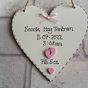 Personalised New baby keepsake heart birth announcement sign wooden hanging heart nursery decor New baby Gift