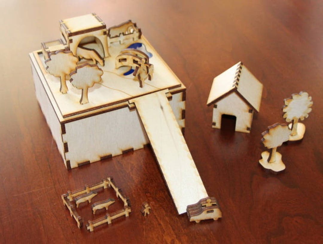 Wooden Miniature Toy Box, Farm, Personalized, Laser Cut, Natural Birch Wood Etsy