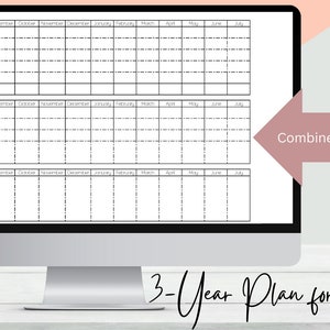 May include: A digital planner for academics, with a 3-year plan for academics, with a black and white grid layout, showing months of the year, and the text "Combined Planner" and "PDF + PNG Included".