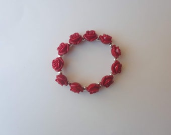 Lizzyoftheflowers Vintage Style Antique Silver Tone red Lacquer Rose Elastic Bracelet with Bell 