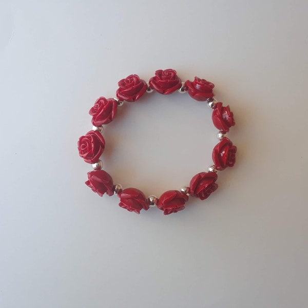 Red Rose Stone Composite Flower Beads Bracelet Fashion Jewelry