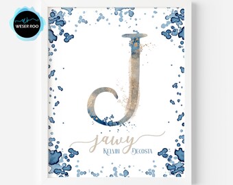 Under The Sea Monogram Letter J Initial Nautical Ocean Aquatic Print Wall Decor