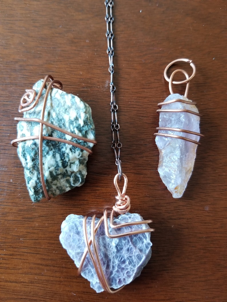 Magical Crystal Raw Stone Pendants handmade with Copper or Silver wire Visionary Gifts by Blue Spiral