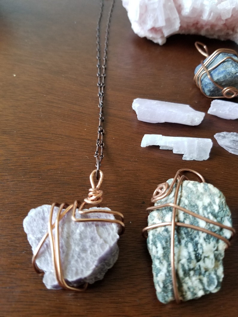 Magical Crystal Raw Stone Pendants handmade with Copper or Silver wire Visionary Gifts by Blue Spiral