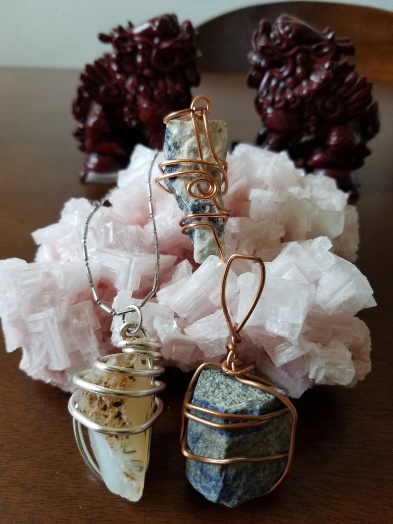 Magical Crystal Raw Stone Pendants handmade with Copper or Silver wire Visionary Gifts by Blue Spiral