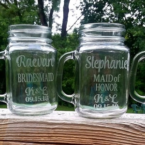 Bridal Mason Jar Etched Mugs-4-FOUR-Personalized, Customized Mason Jar Glasses
