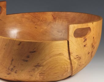 Lathe Turned Cherry Wood Salad Bowl with carved accents and handles. No. 899
