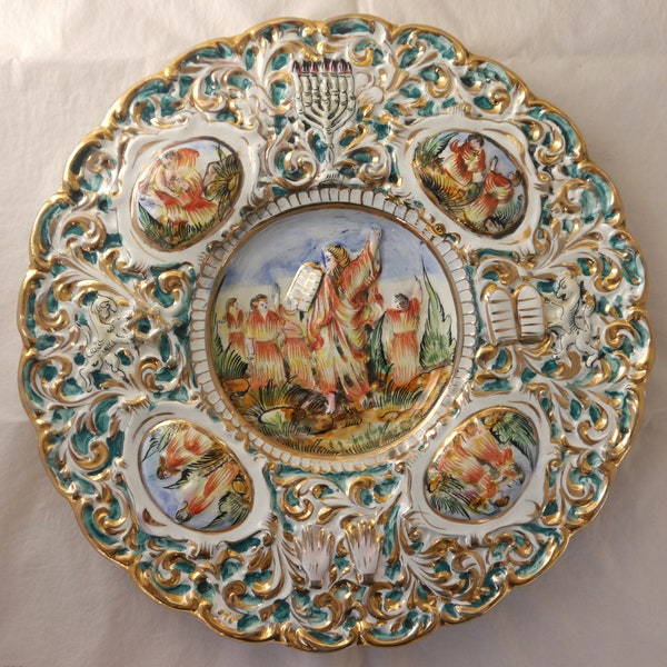 MCM Italian Capodimonte Moses with the 10 Commandments Judaica High Relief Wall Plate 13.5" Art Pottery