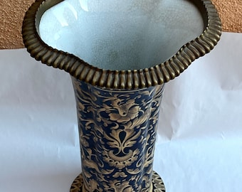 Vintage 14.5" Porcelain Ormolu Vase with Goldstone Bronze. United Wilson HandPainted 16th Century Italian Raffaello Grotesque Artwork
