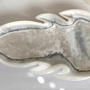 Vintage White Translucent Alabaster Footed Leaf Form Dish / Tray. 15.5" Hand Carved Natural Stone Sculpture