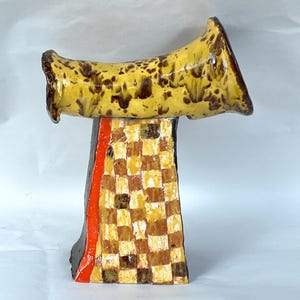 Abstract Modernist Horn on Column Art Pottery MCM Brutalist Statue Sculpture 8.5&quot; Signed Junko