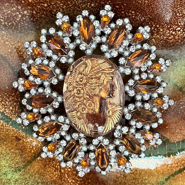 Vintage Czech Statement Size Rhinestone Brooch Pin with Relief Amber Cameo Gilded Glass by HUSAR D.