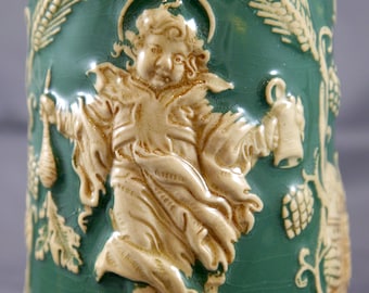 Munich / Gruss aus Munchen German Stoneware Beer Stein: Ornate Raised Unglazed Artwork Details on Green Glazed Ground. Wick-Werke 0.5L