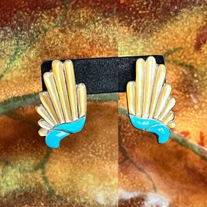 Vintage Native American Southwestern Sterling Silver Earrings Inlaid with Turquoise and Mother of Pearl. Butterfly or Bird Effigy