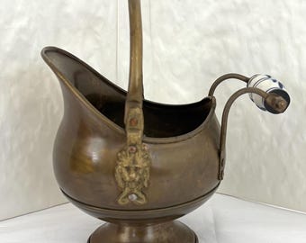 Antique Brass Coal Scuttle Bucket with Lion Heads & Porcelain Delft Handle